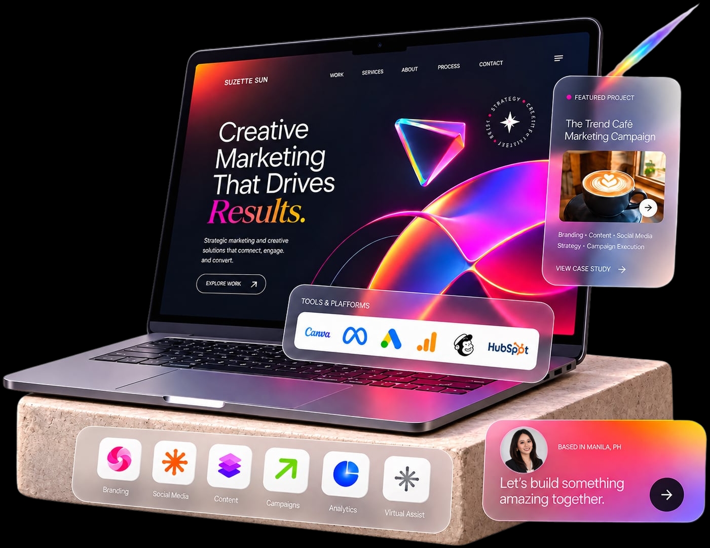 Suzette Sun portfolio hero: laptop workspace with featured project, tools, services, and contact card
