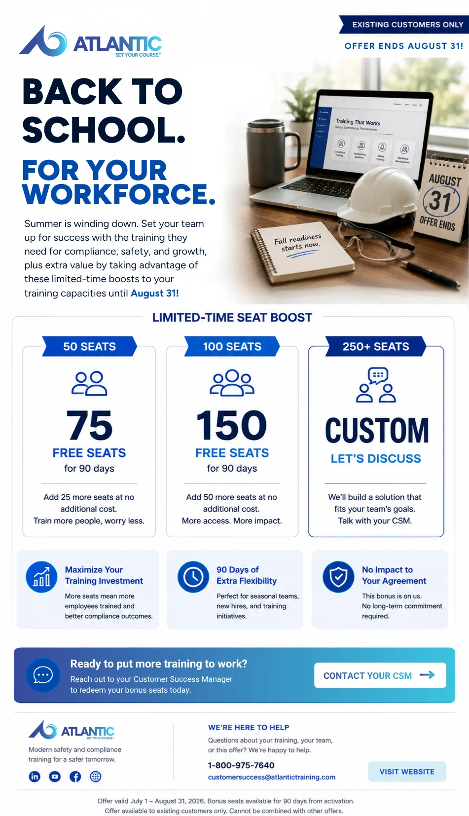 Back to School workforce seat-boost promo for Atlantic Training existing customers